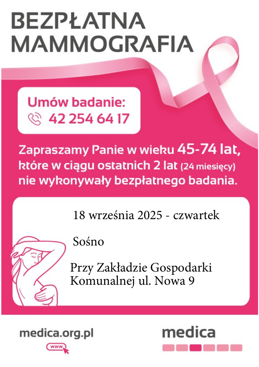 Bezpłatna mammografia w Sośnie 18 września Plakat wydarzenia Bezpłatna mammografia w Sośnie 18 września. dominująca różowa kolorystyka ozdobna poniżej grafika kobiety zasłaniającej pierś dłonią
